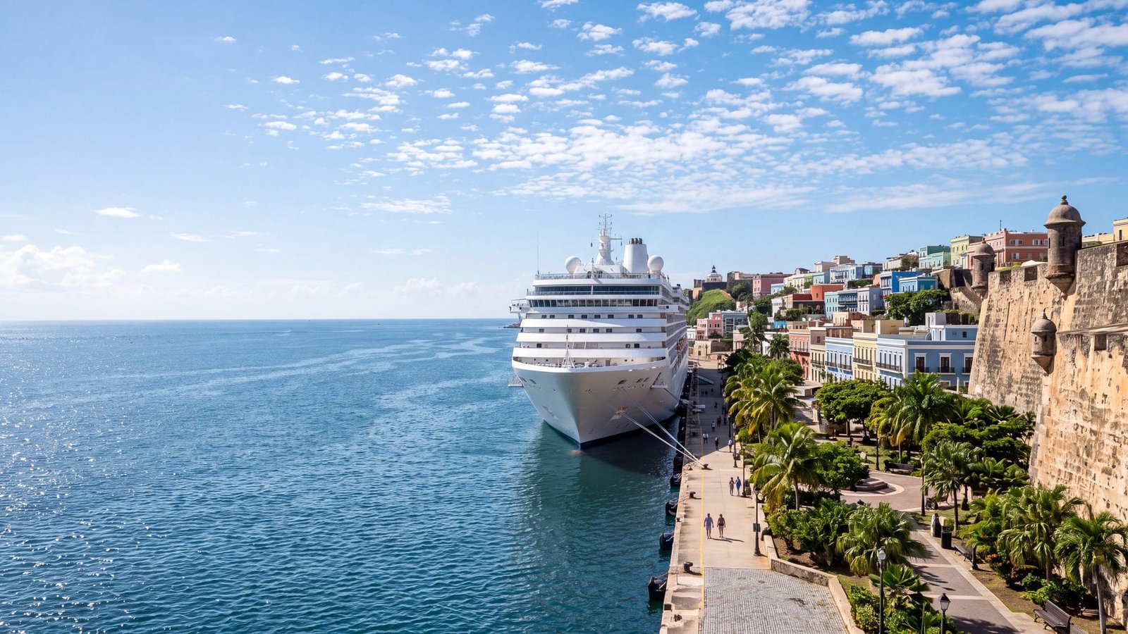 A cruise ship docked at the old-town cruise pier with a tree-lined plaza and pastel colonial buildings behind, all — Puerto Rico