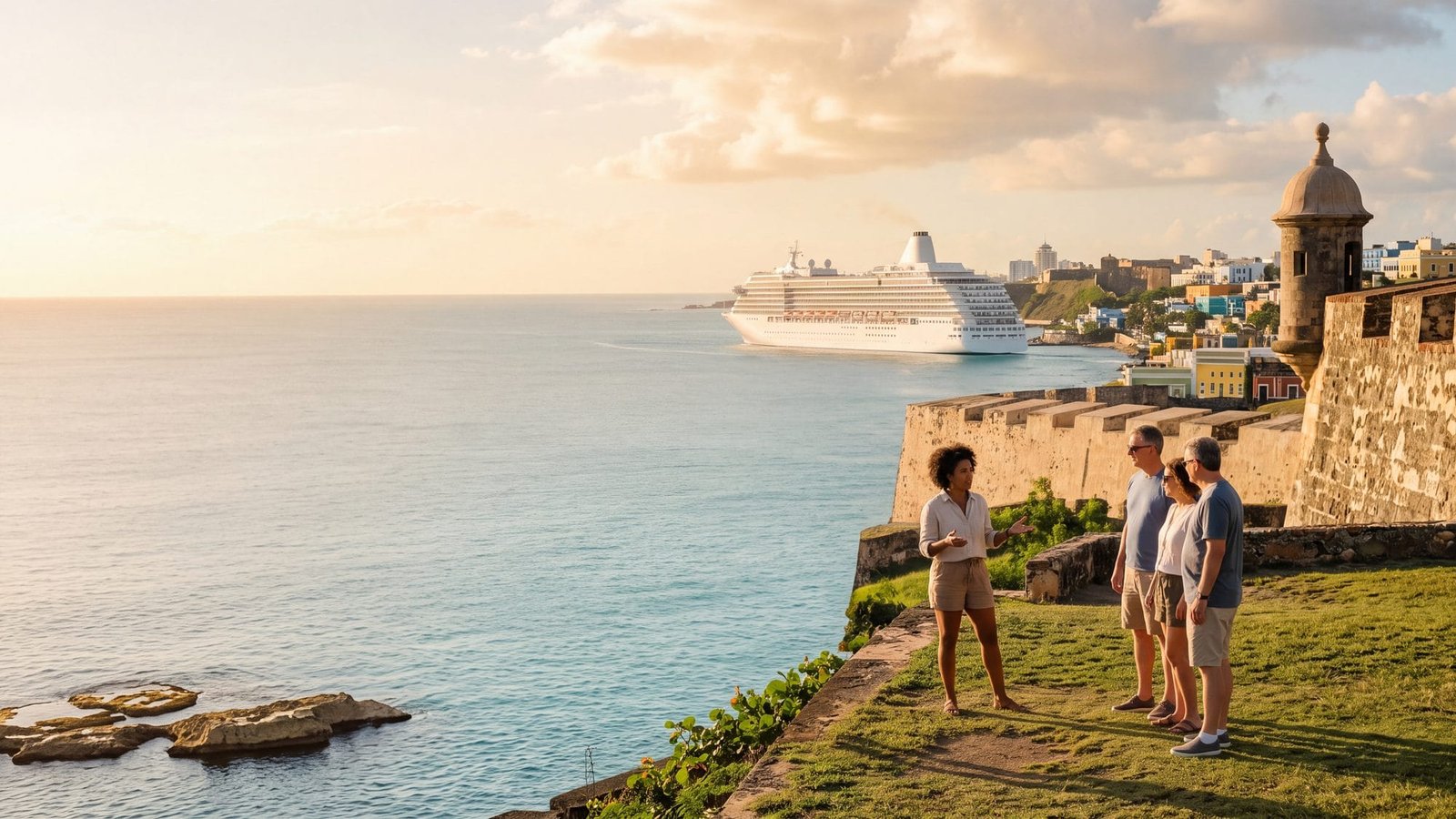 A small group with a guide on the fort lawn, a cruise ship passing in the bay behind — Puerto Rico