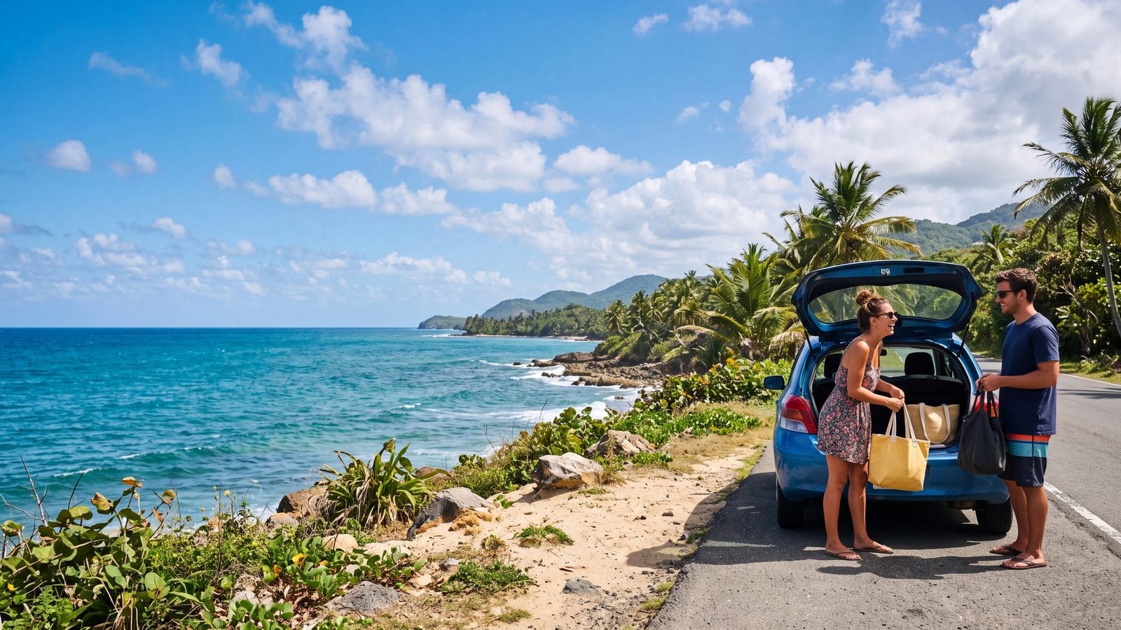 A couple loading beach bags into a small rental car parked beside a palm-lined coastal road, turquoise sea beyond — Puerto Rico