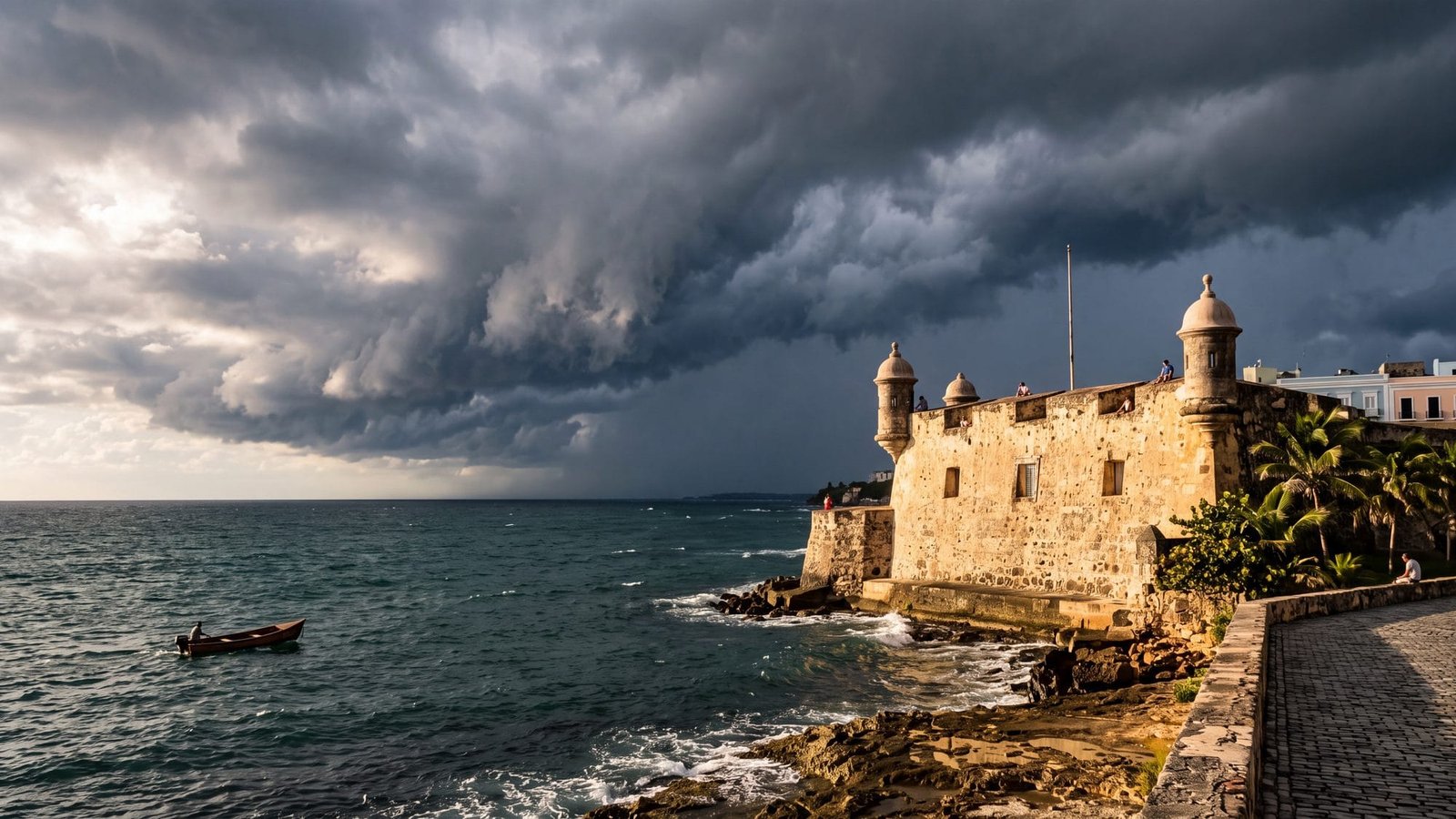 Dark storm clouds building over the old fort and the sea with the last sun on the walls — Puerto Rico