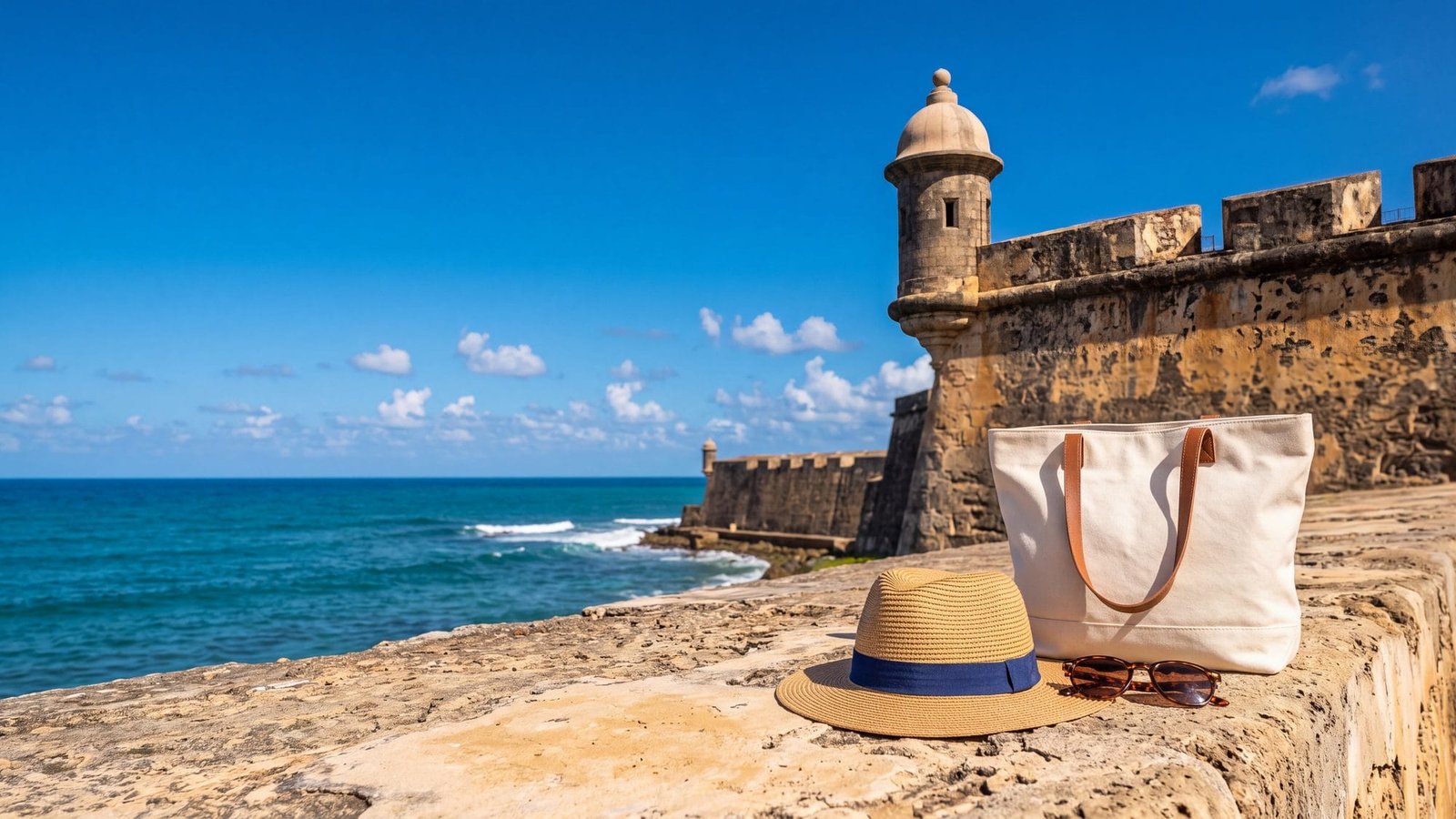 A straw hat, sunglasses and a canvas tote laid on the old stone sea wall, the fort beyond — Puerto Rico