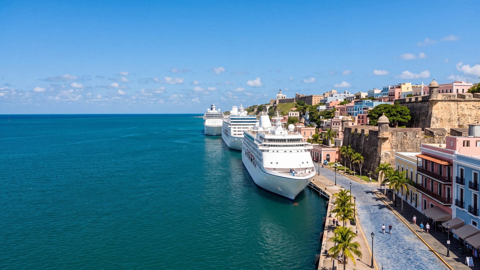 Three white cruise ships docked in a row along the old-town waterfront piers, pastel buildings behind — Puerto Rico