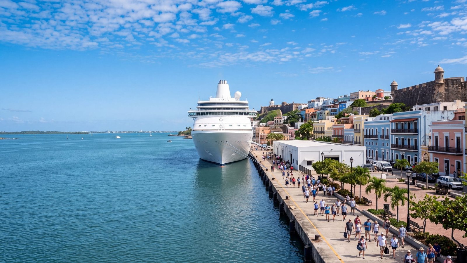 A cruise ship docked at the old-town cruise pier with a tree-lined plaza and pastel colonial buildings behind, a low terminal building at its foot and