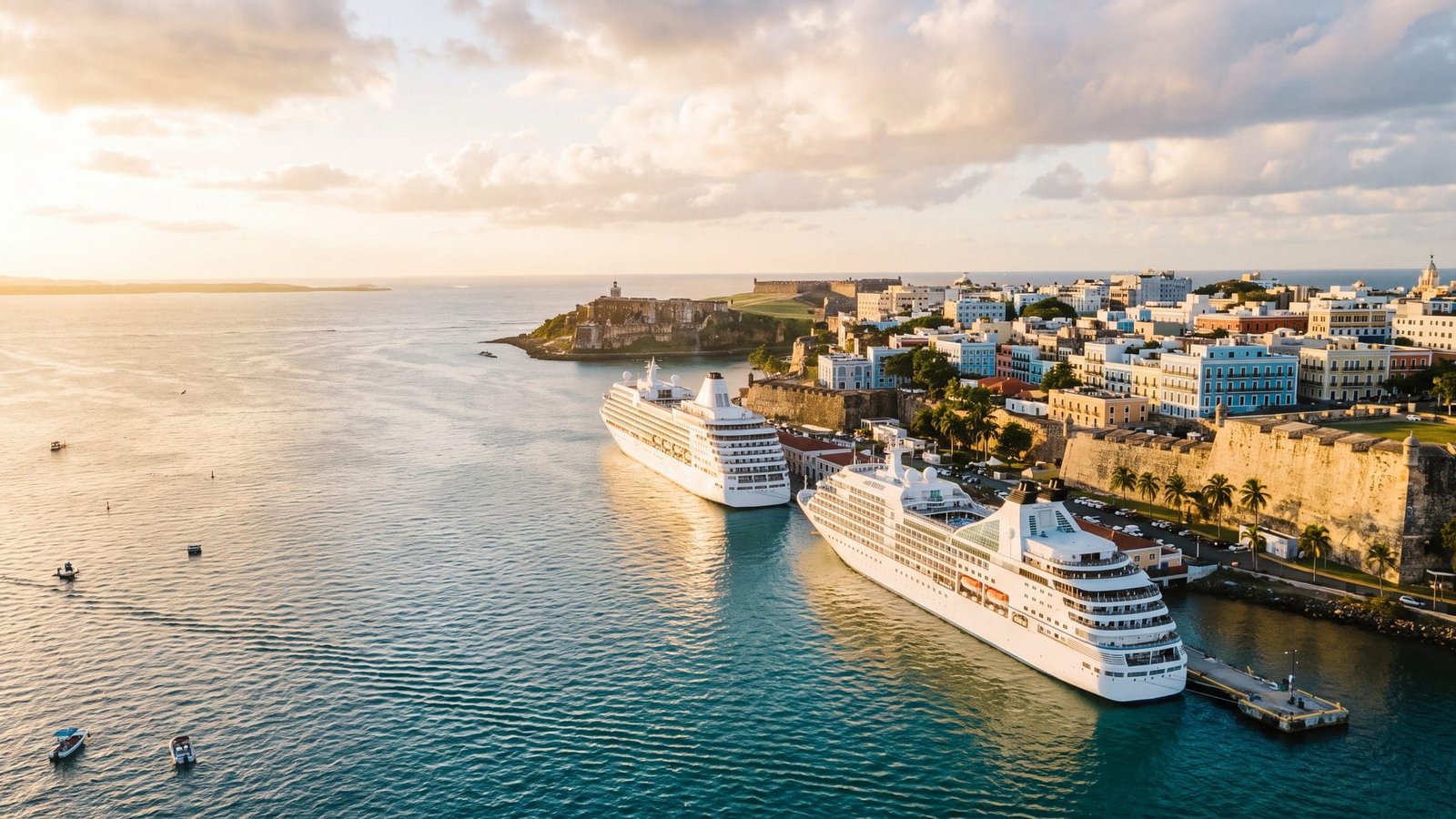 Two white cruise ships at the old-town piers seen from across the harbor, the walled city behind — Puerto Rico