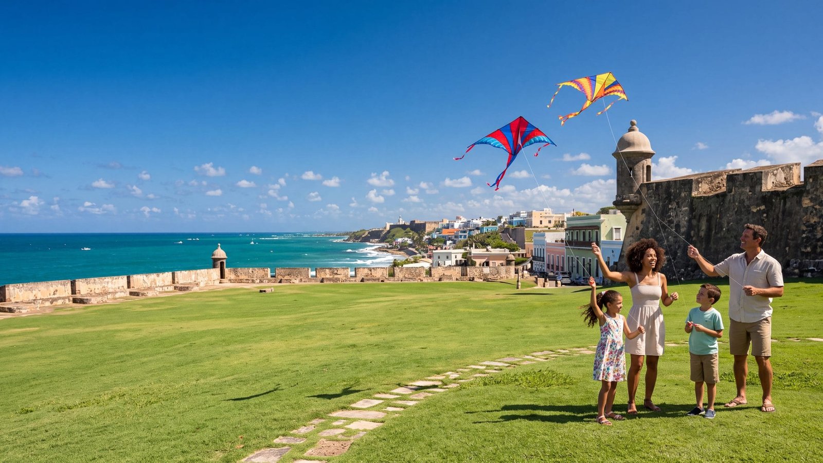A family with two kids flying kites on the wide green fort lawn — Puerto Rico