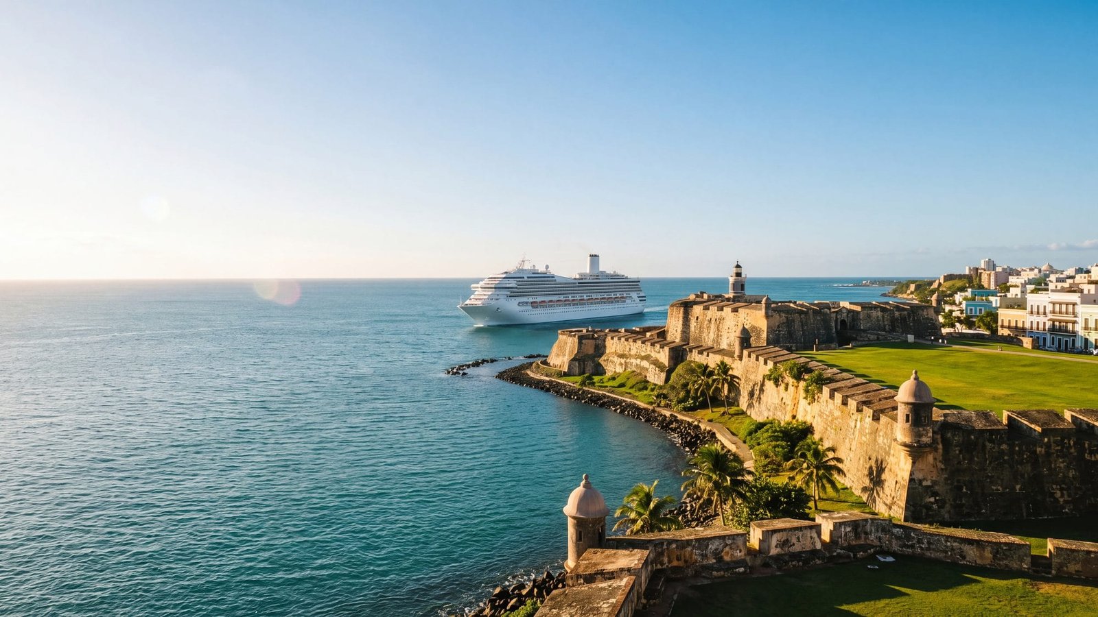 A cruise ship sailing into the bay past El Morro fort — Puerto Rico