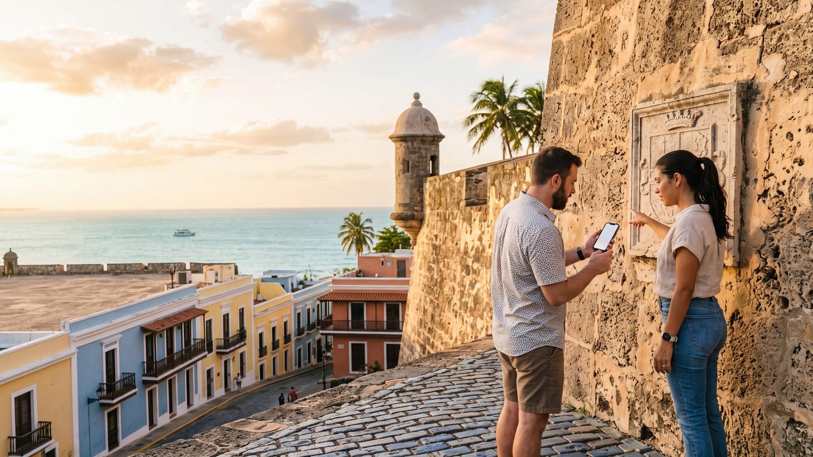 A couple with a phone examining a carved stone plaque on an old fort wall — Puerto Rico