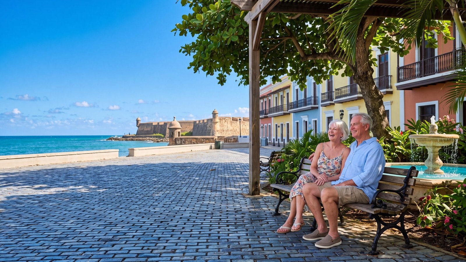 An older couple resting on a shaded bench in a small tree-lined plaza with a fountain — Puerto Rico
