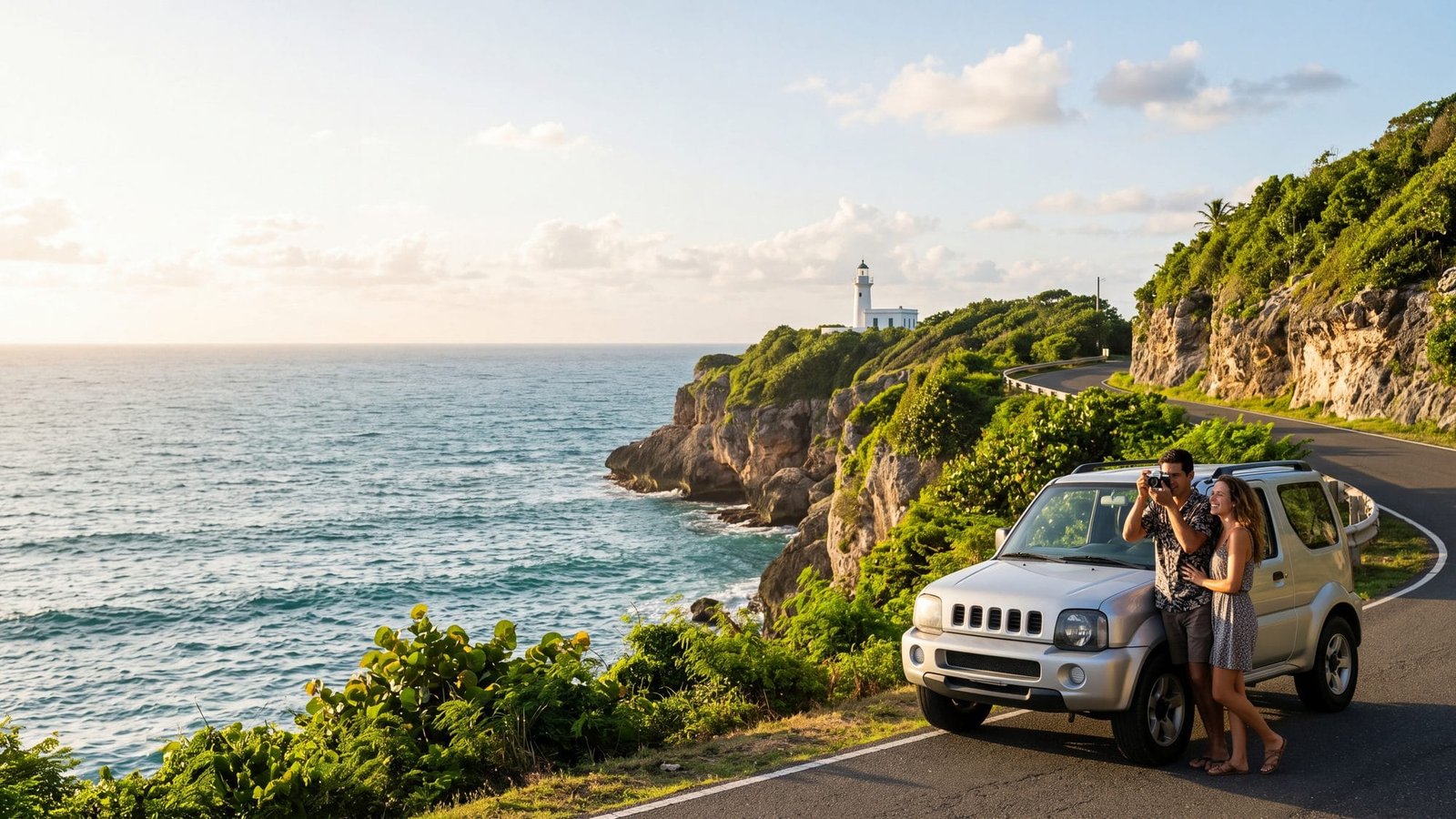 A small SUV pulled over on a coastal cliff road with a couple photographing a white lighthouse on limestone cliffs — Puerto Rico