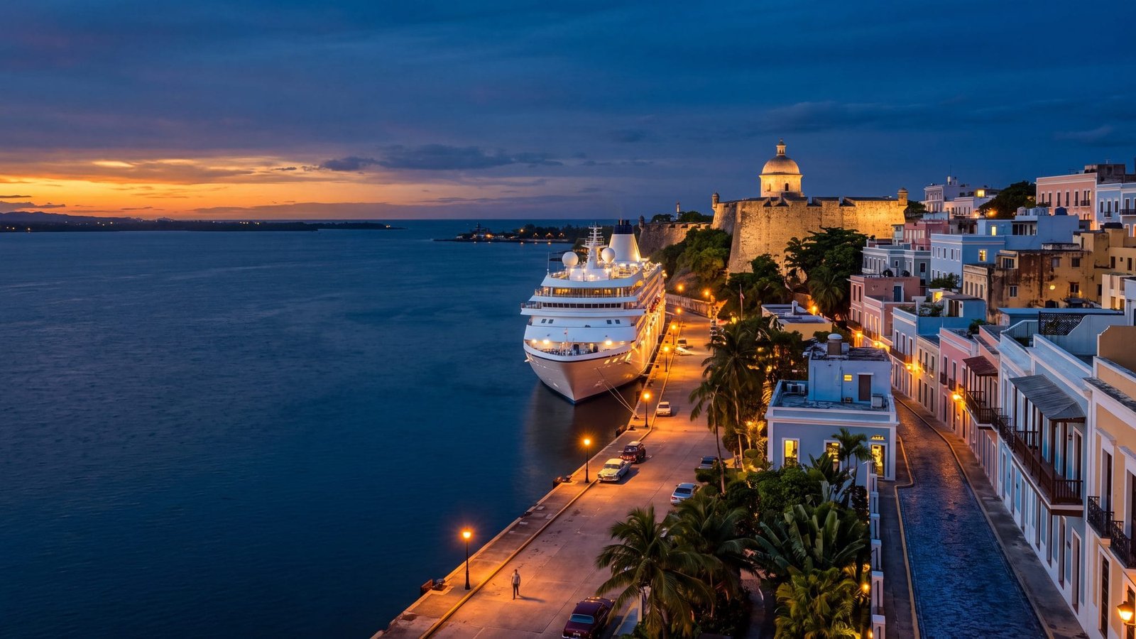 A sleek smaller white cruise ship docked at the old-town pier at dusk — Puerto Rico