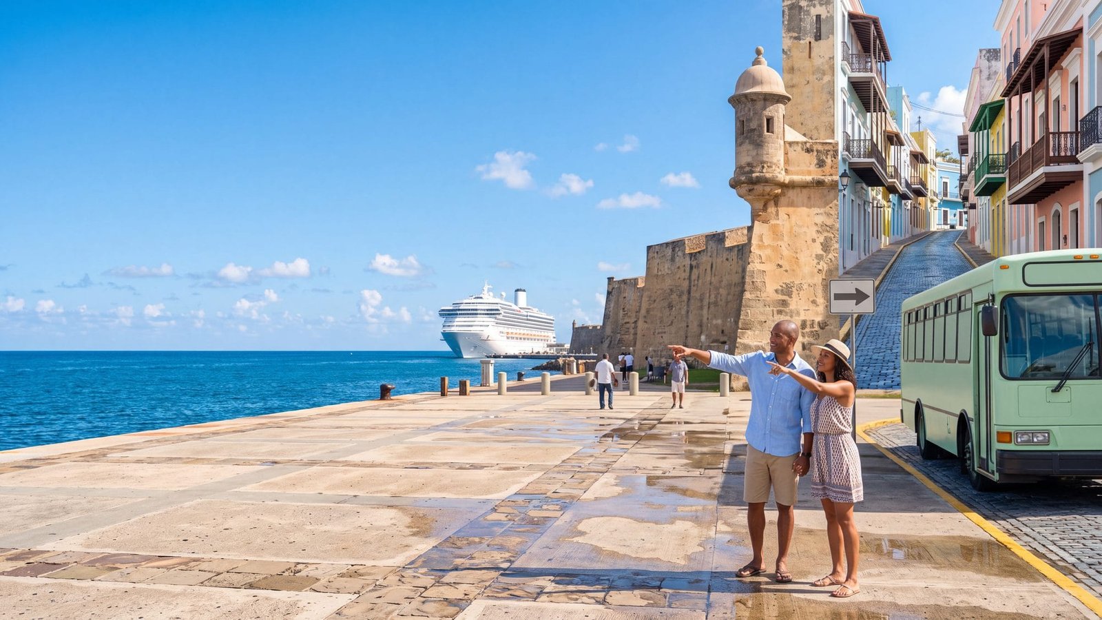 A couple at the cruise pier choosing between a tour bus and the walking route into the old town — Puerto Rico