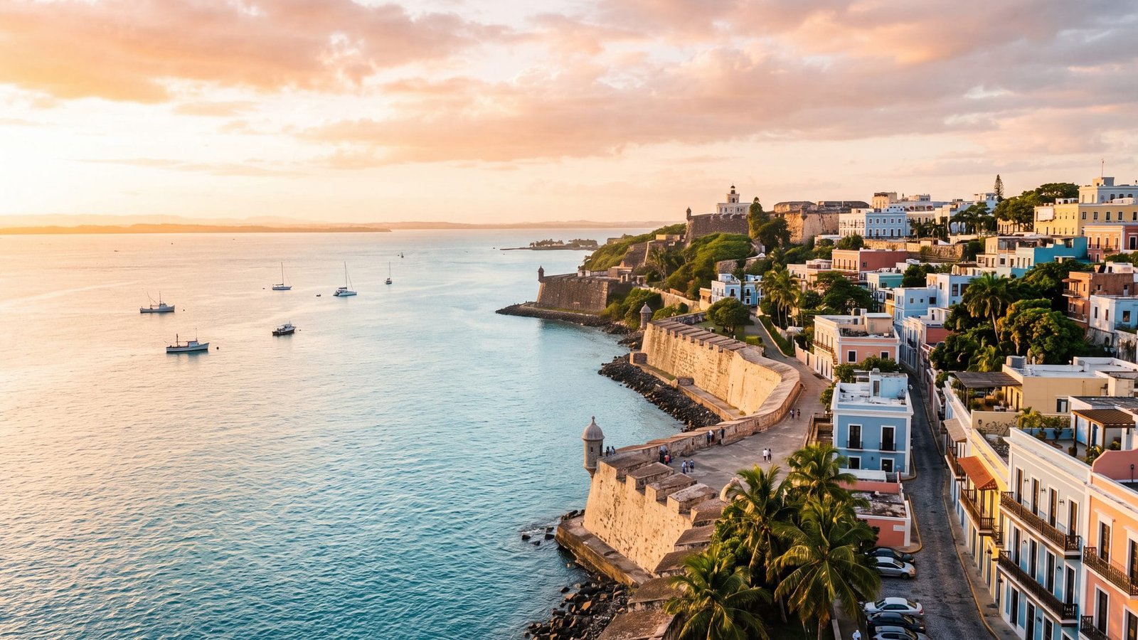 A wide harbor view of the old walled city on its hill with pastel buildings and the fort — Puerto Rico