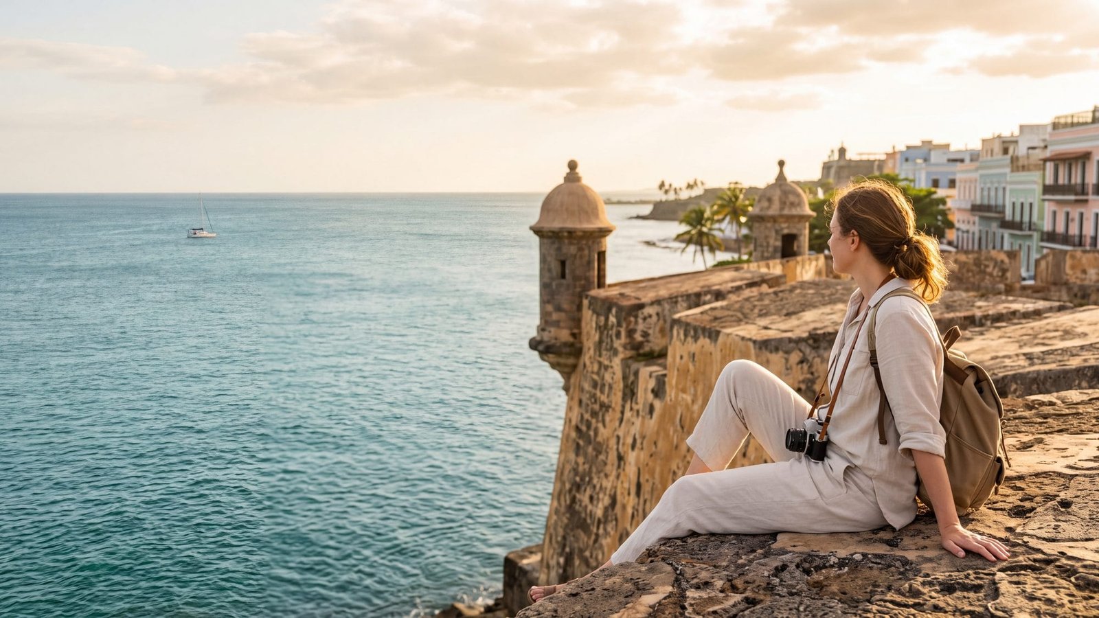 A solo woman traveller with a small backpack and camera sitting on the fort ramparts looking at the sea — Puerto Rico