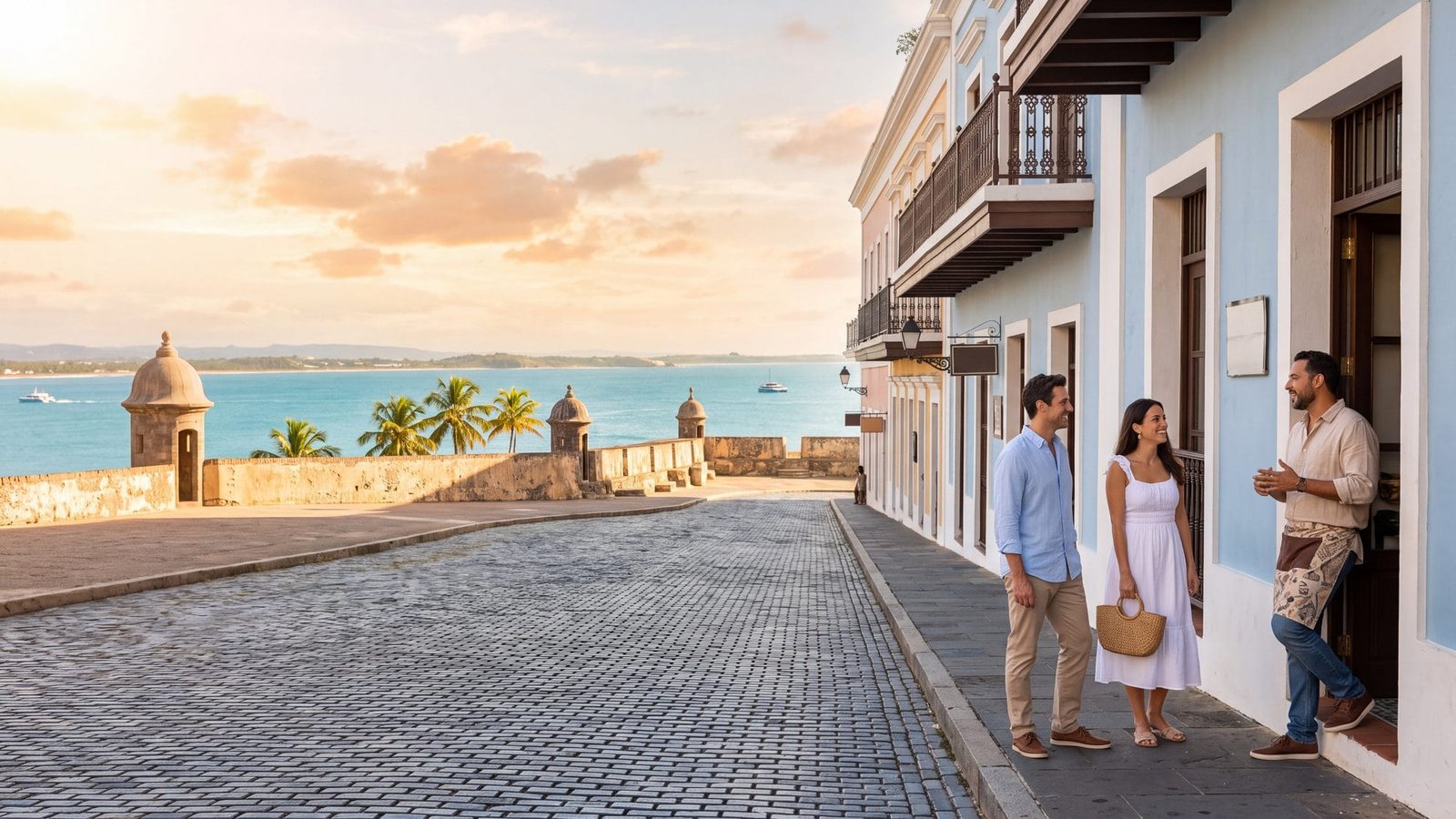 A friendly cafe owner in a doorway chatting with a couple of visitors on a pastel street — Puerto Rico