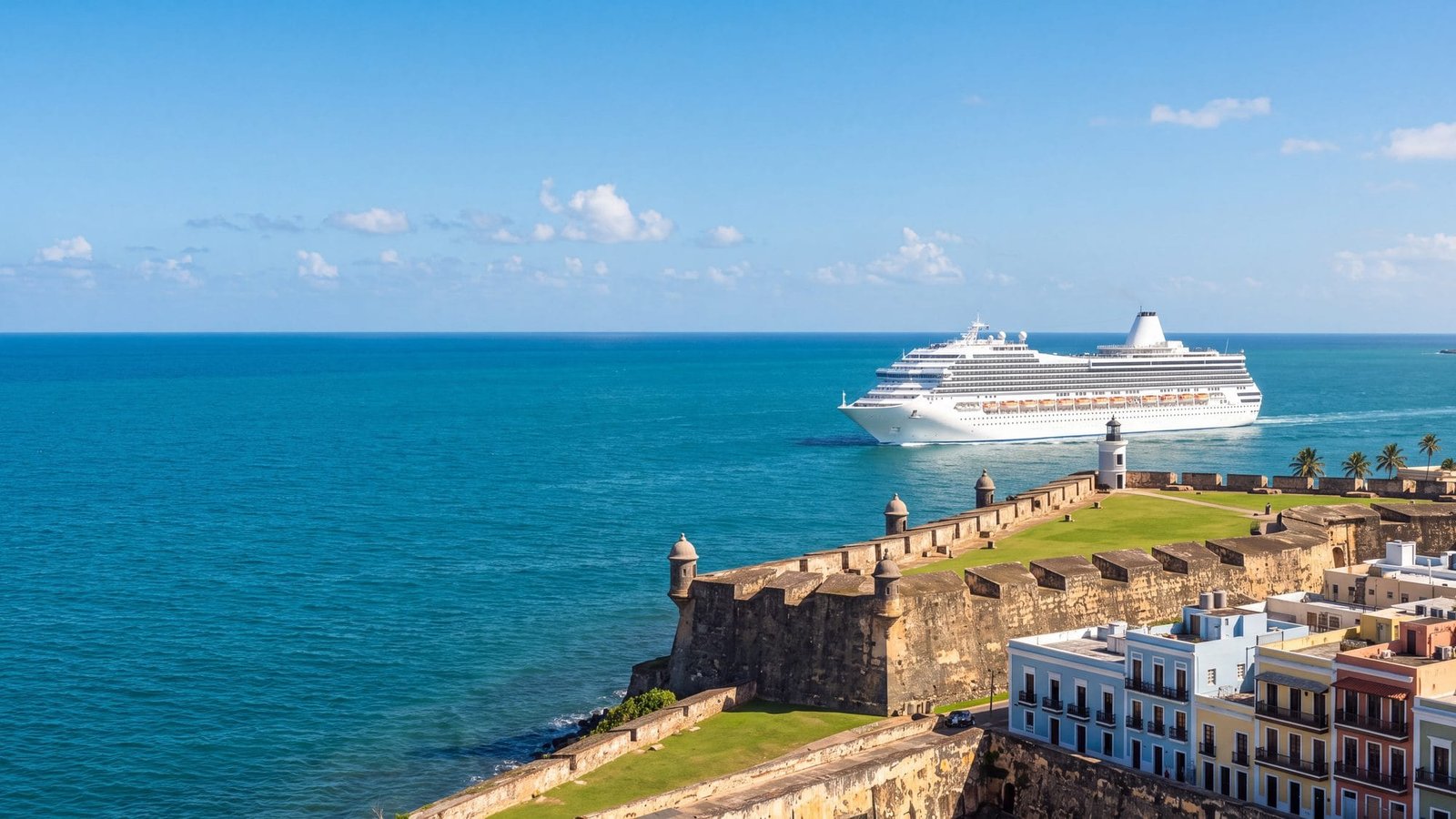 A cruise ship sailing into the bay past El Morro fort — Puerto Rico