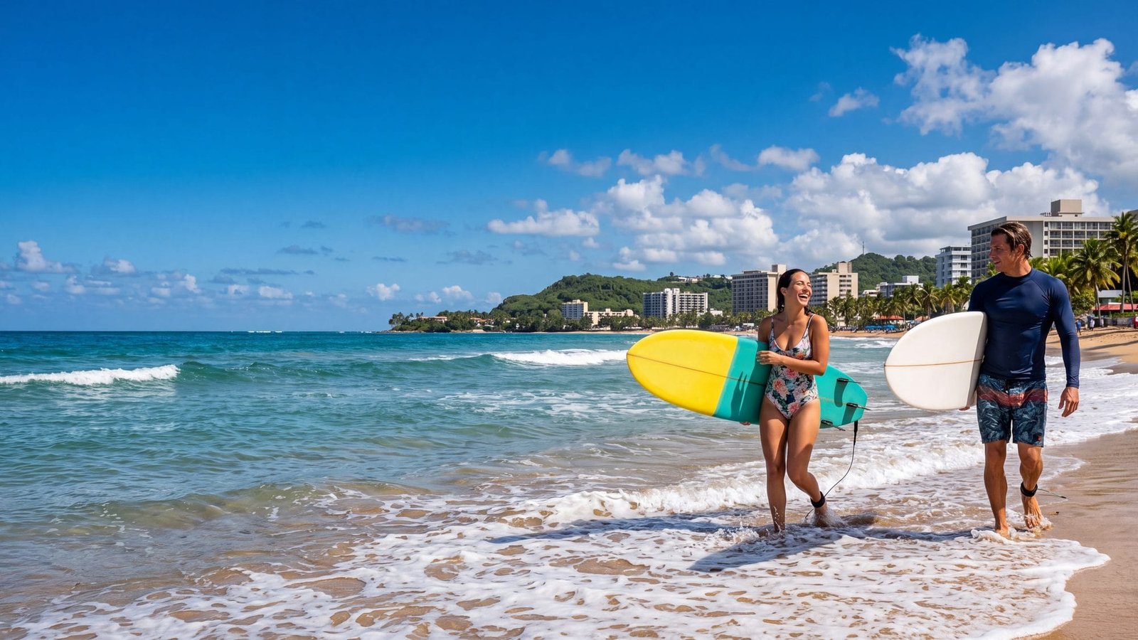 A surf instructor and a beginner carrying longboards into small waves on a city beach — Puerto Rico