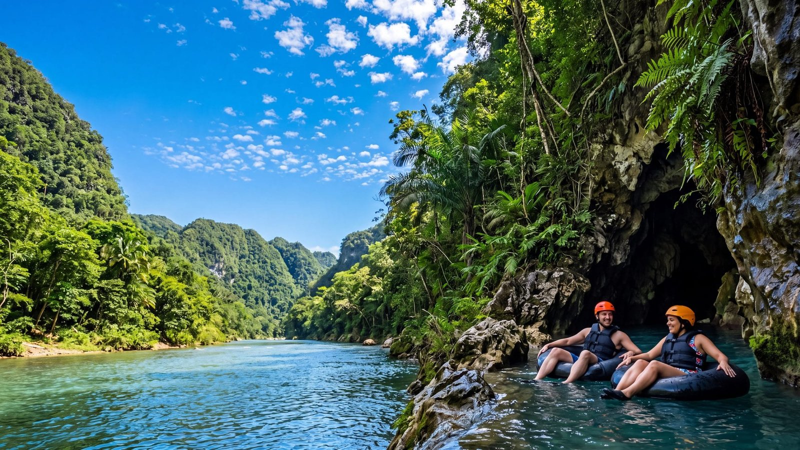 A couple in helmets floating on tubes through a river cave mouth in a green gorge — Puerto Rico