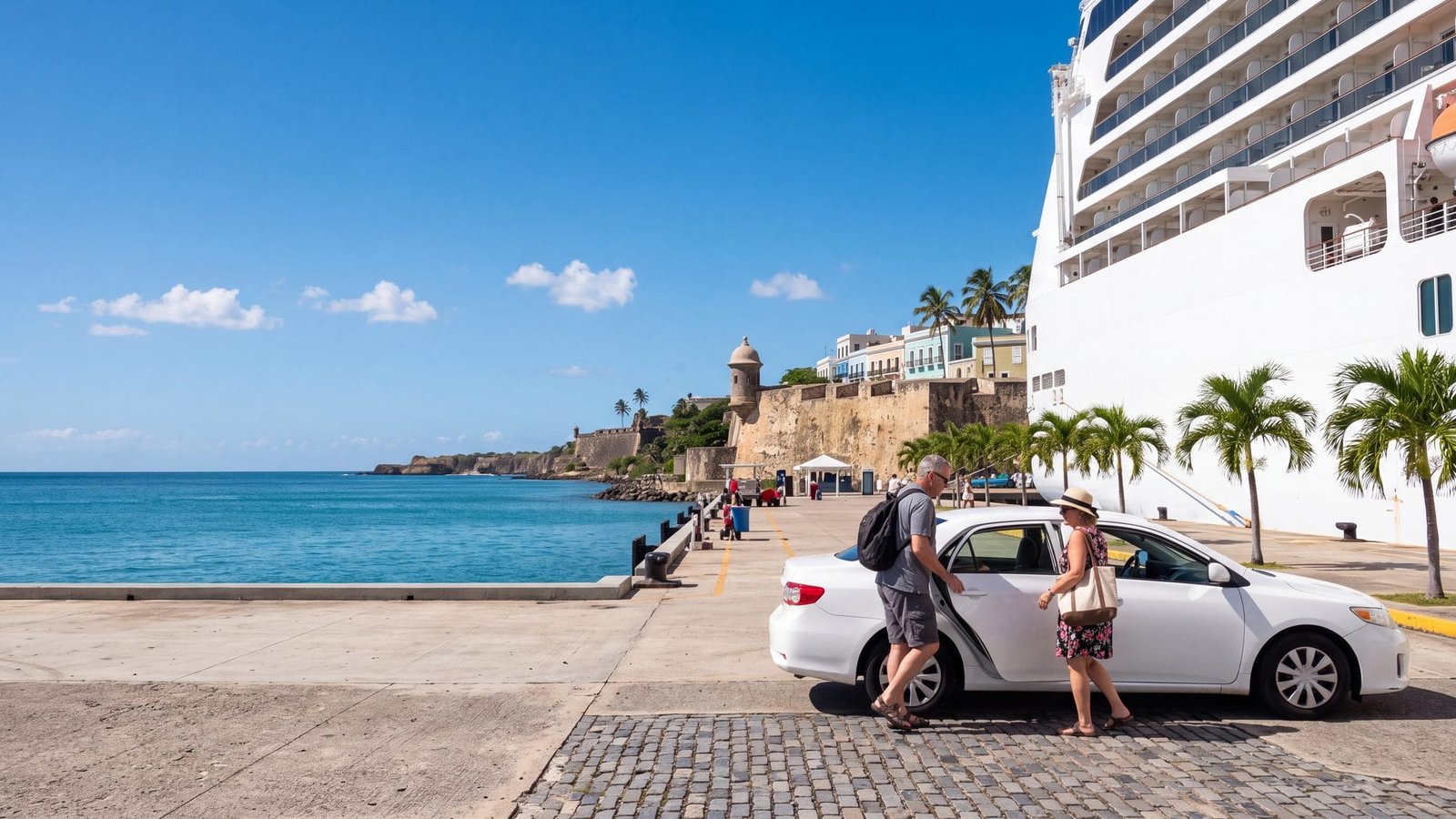 A white taxi waiting at the cruise pier with a couple getting in, the ship's white hull behind — Puerto Rico
