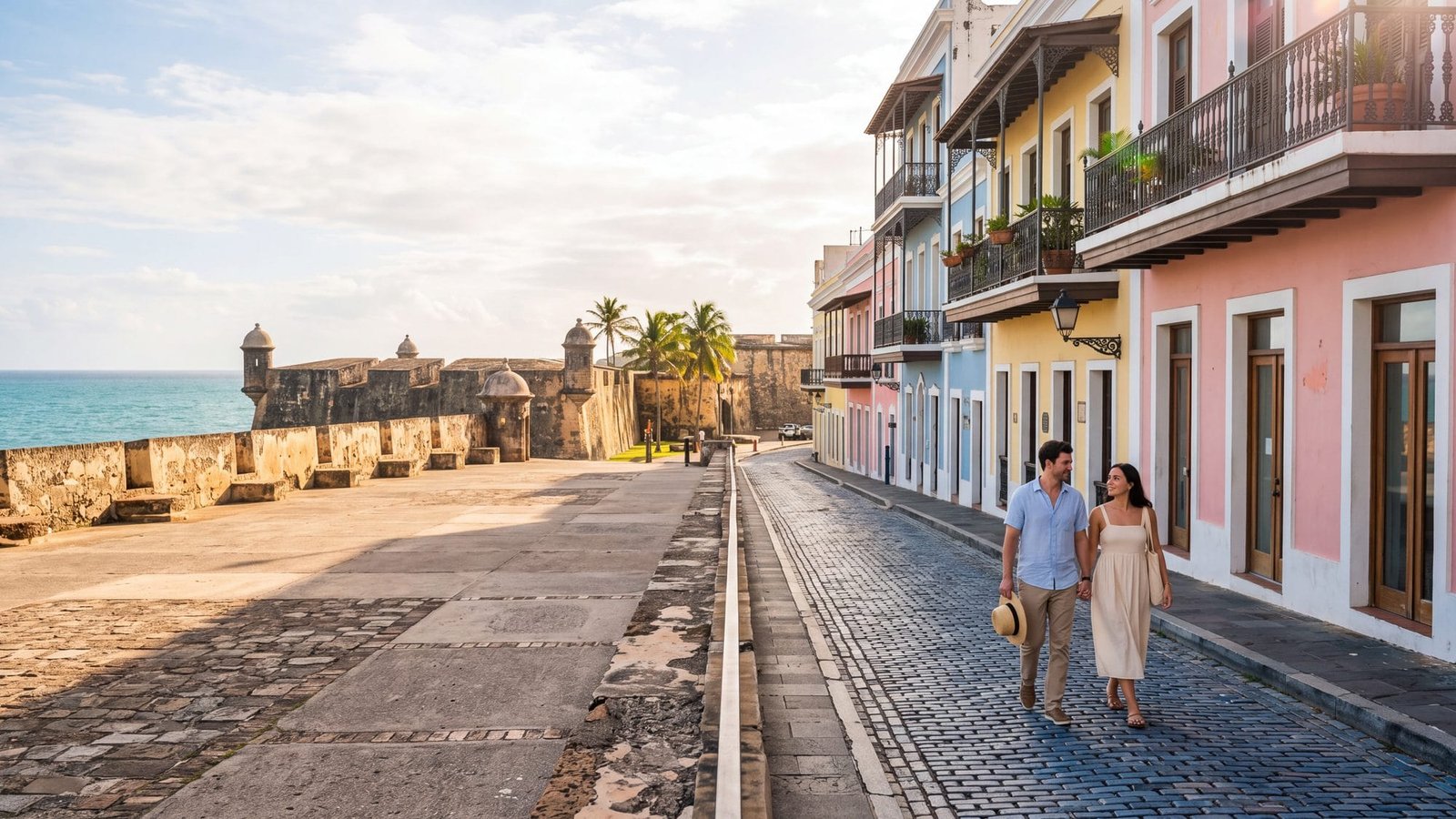 A pastel cobblestone street in Old San Juan, a couple walking under wrought-iron balconies