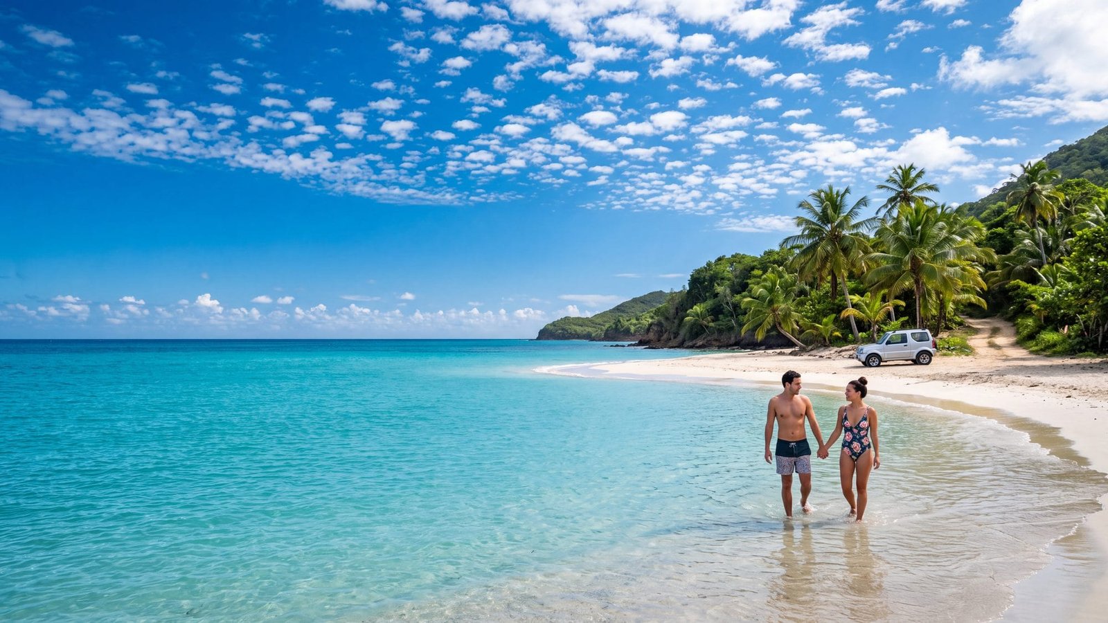 A couple wading into a calm turquoise cove with a white-sand beach and palms, a rental car parked on the sand track behind — Puerto Rico