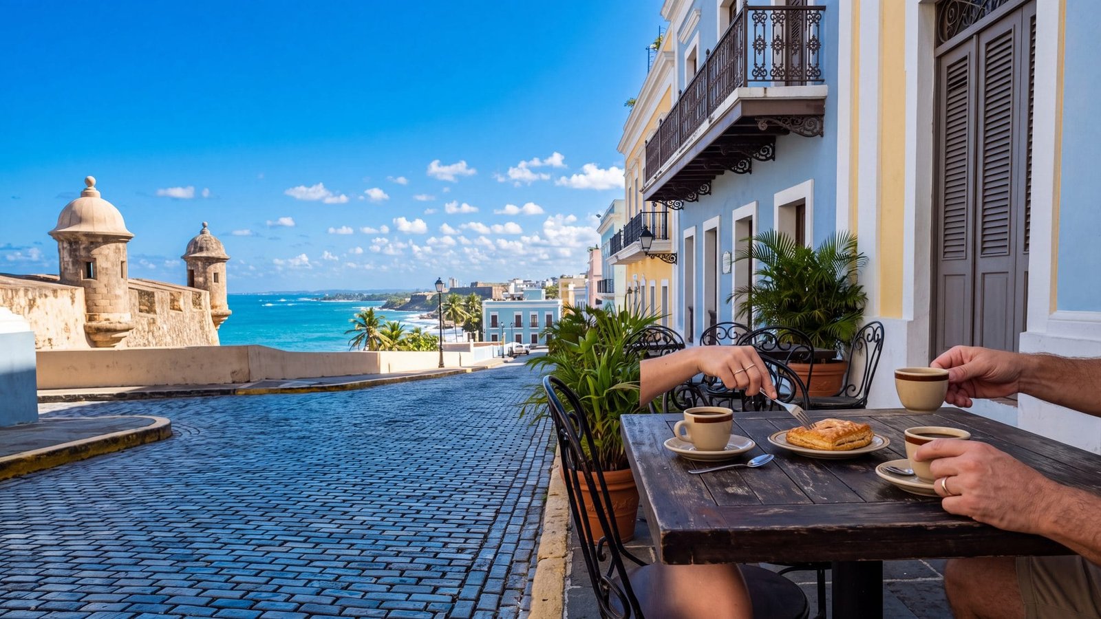 A cafe table on a cobbled street with two coffees and a small pastry, a couple's hands — Puerto Rico