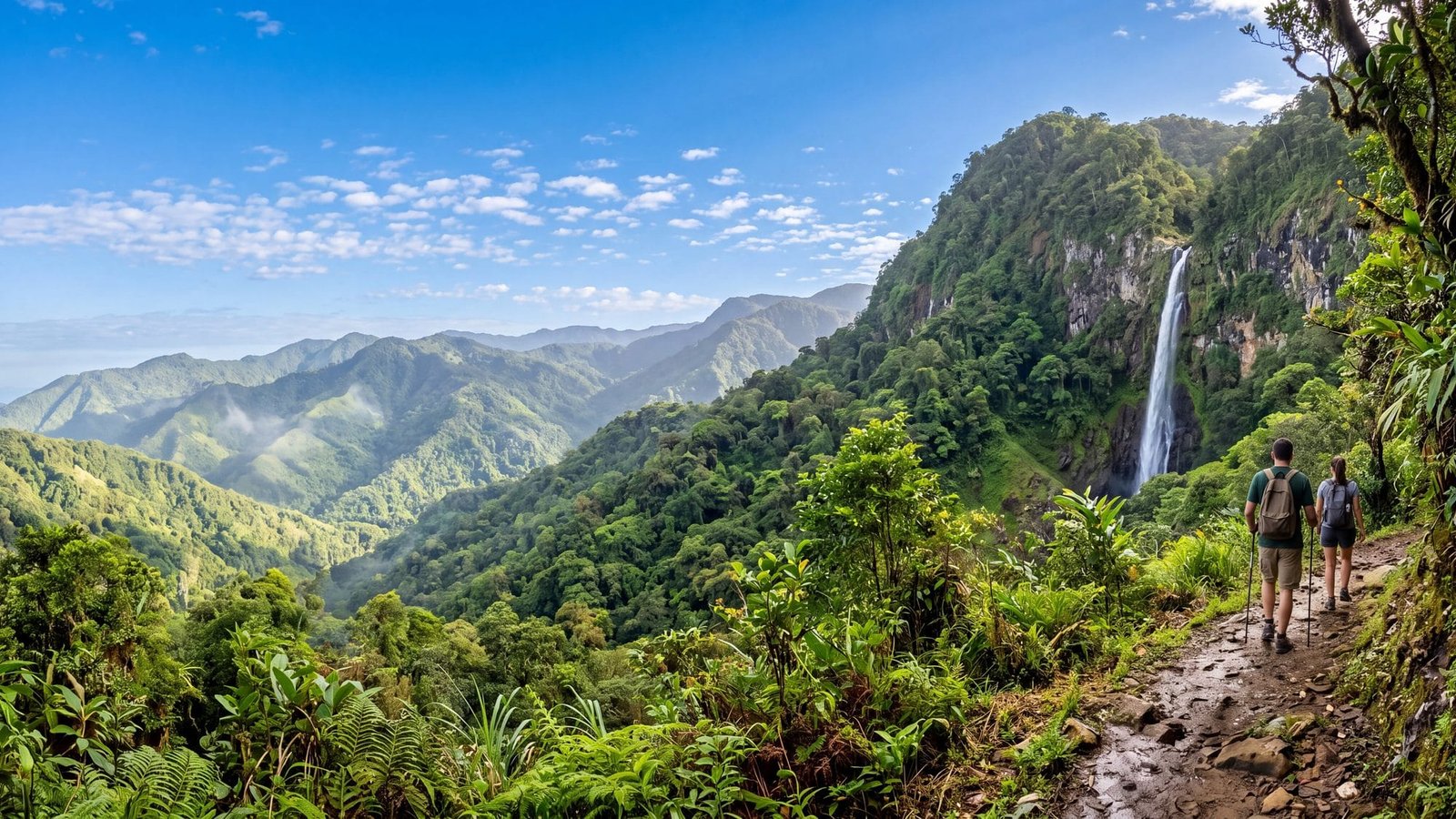 A mountain trail through cloud forest to a tall thin waterfall, a couple hiking — Puerto Rico