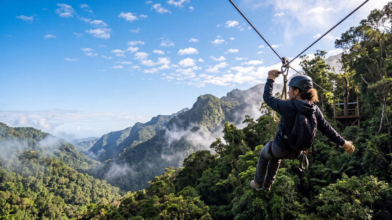 A person on a zipline flying high over a green mountain valley with mist and rainforest ridges — Puerto Rico