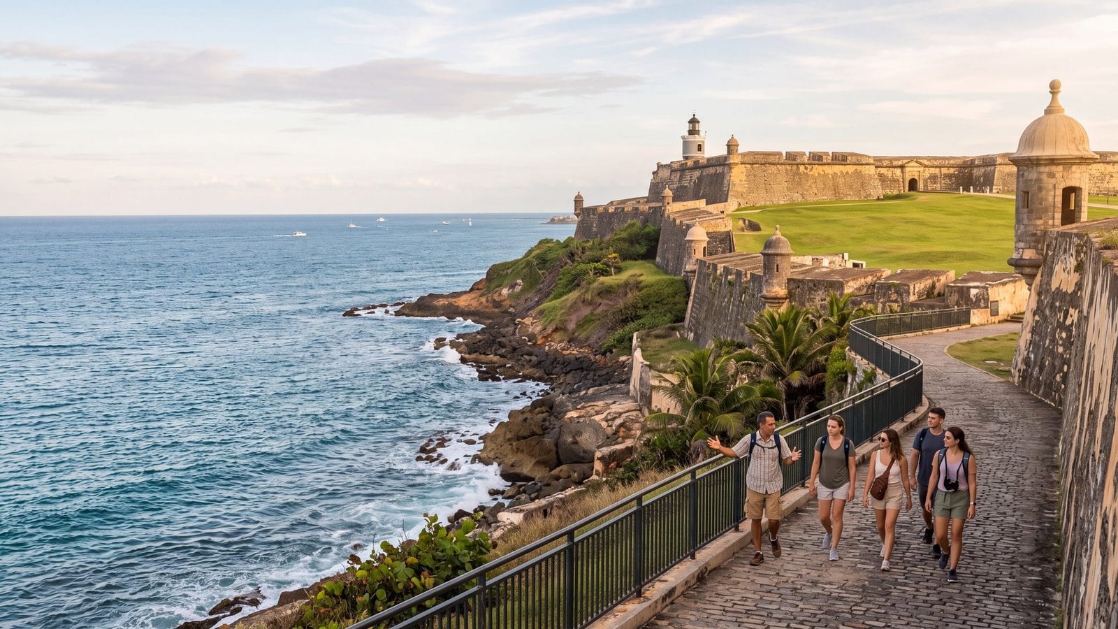 A small group with a guide walking along the sea wall promenade below the fort, El Morro fort beyond — Puerto Rico