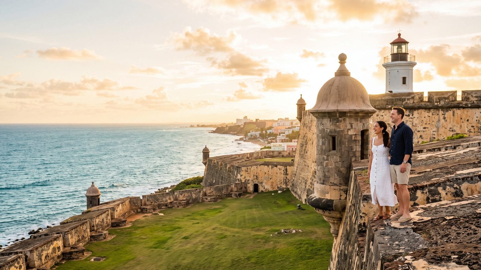 A couple standing on El Morro fort looking out to sea — Puerto Rico