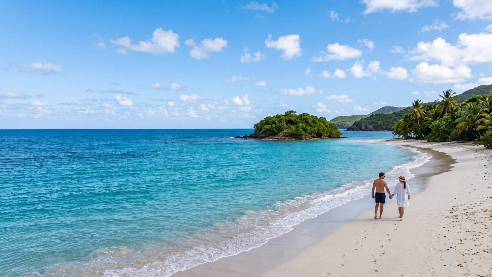 A white-sand crescent beach with turquoise water and a small green island offshore, a couple walking the tide line — Puerto Rico