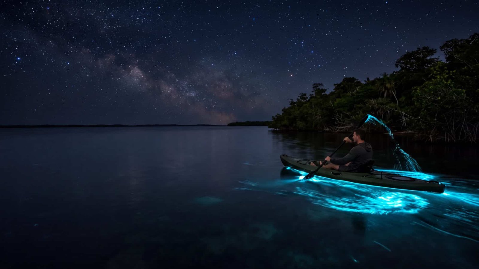A kayak on a dark lagoon at night with glowing blue-green bioluminescent water trailing behind — Puerto Rico