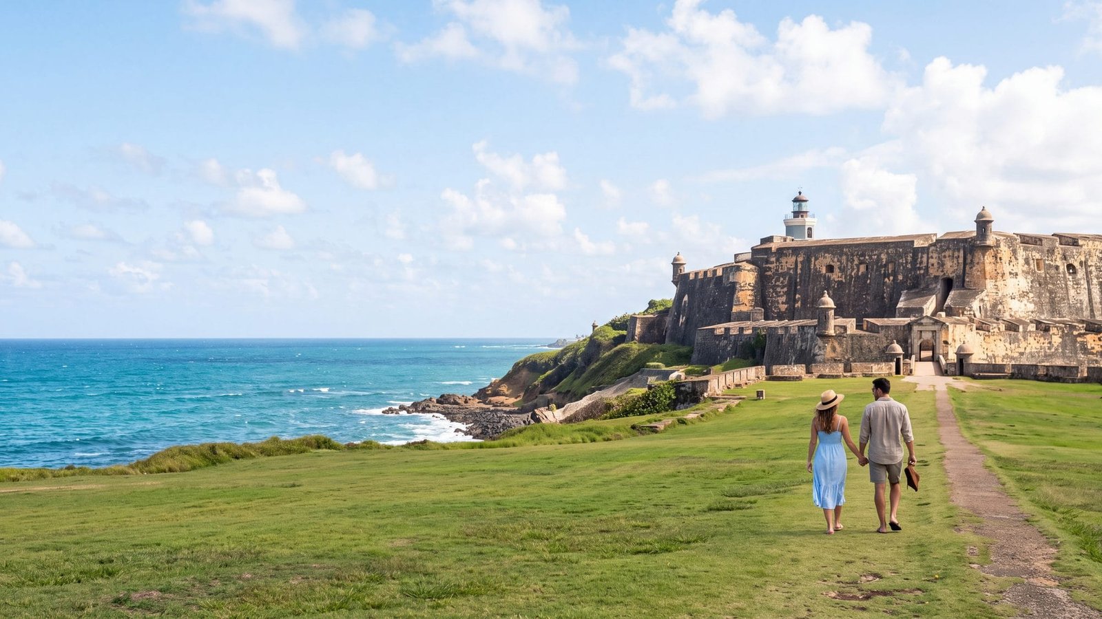 El Morro fort, a couple walking the long path across the lawn toward it — Puerto Rico