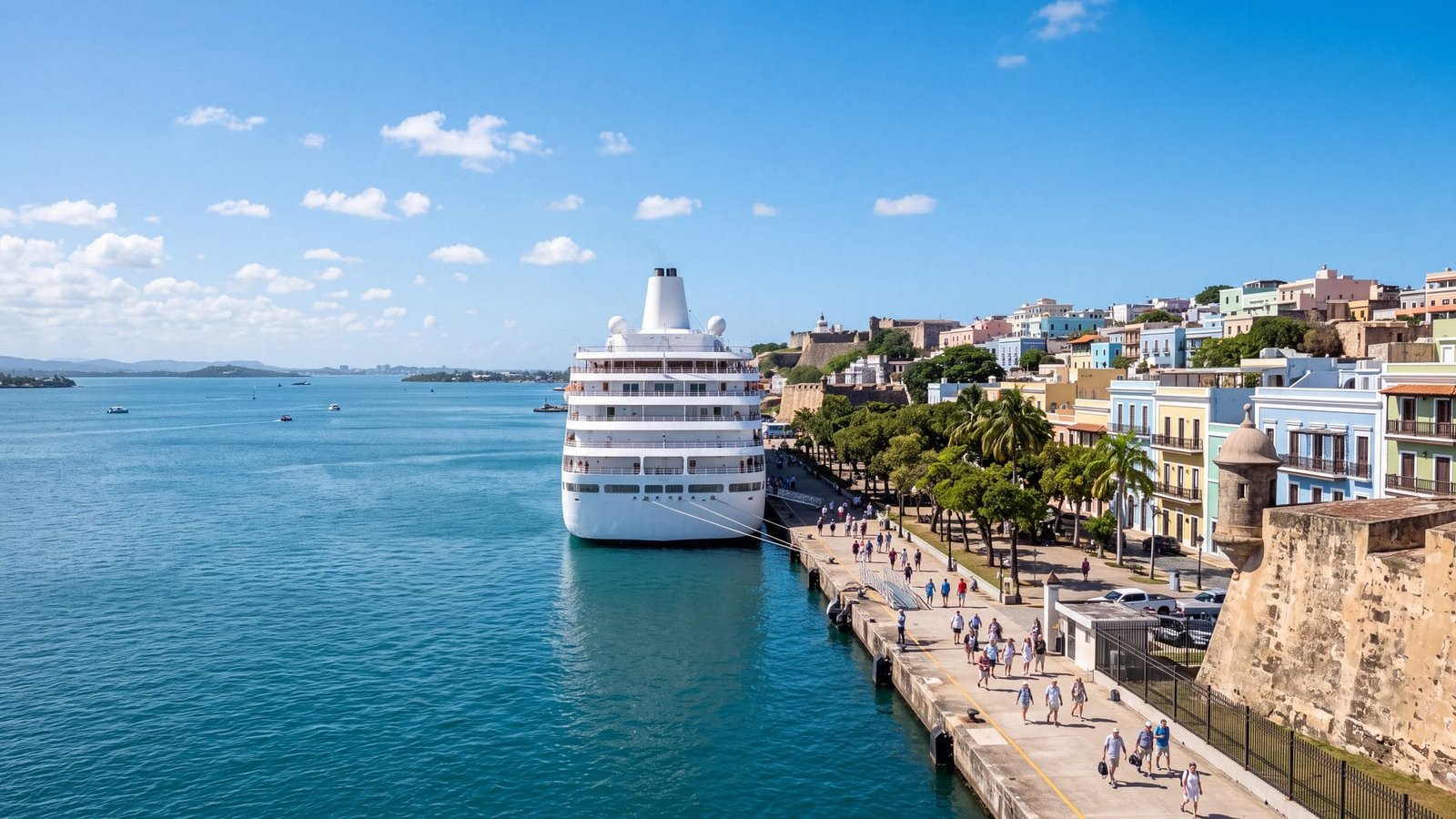 A cruise ship docked at the old-town cruise pier with a tree-lined plaza and pastel colonial buildings behind, passengers with day bags walking off toward