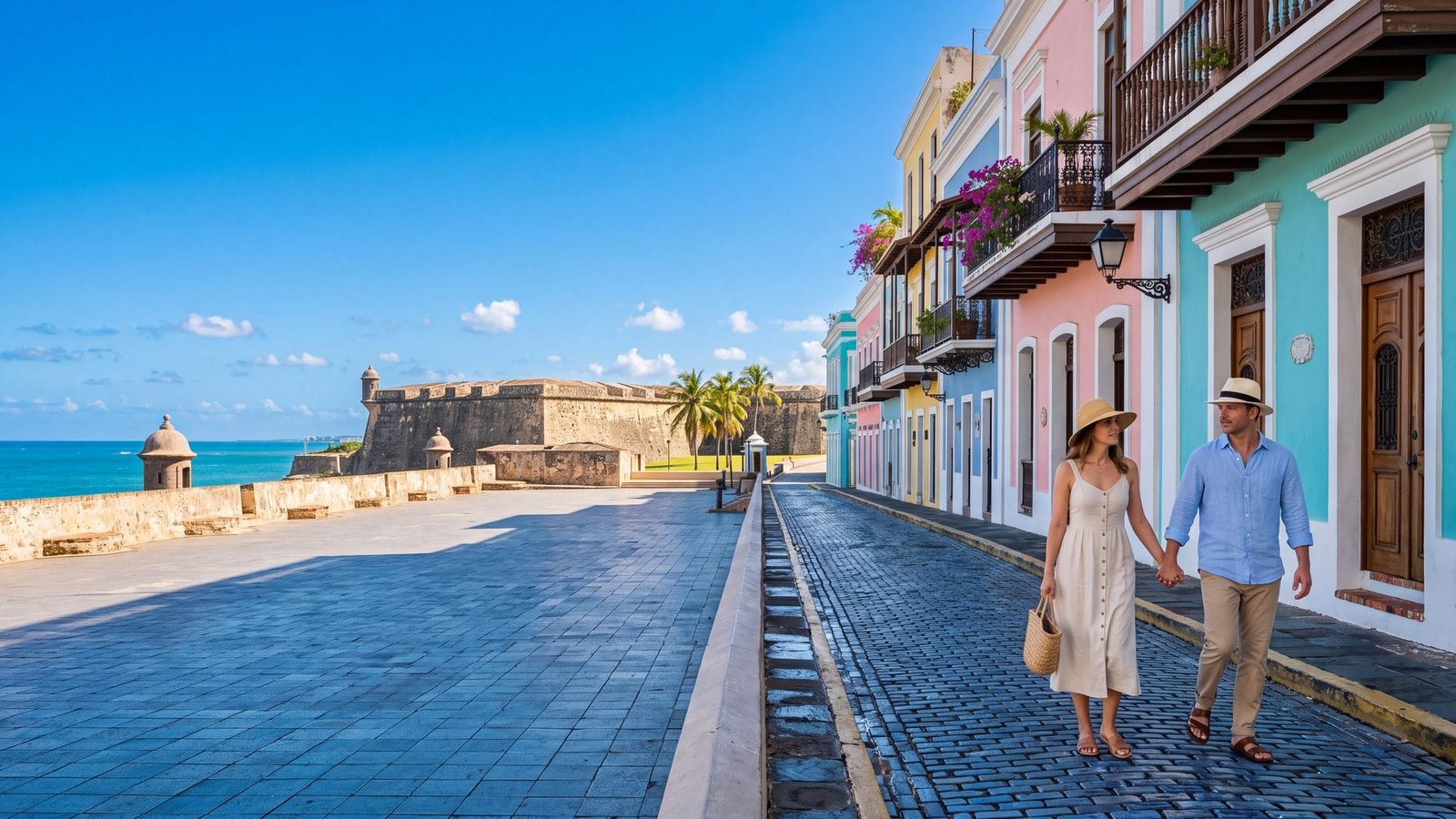 A pastel cobblestone street in Old San Juan, a couple in light linen clothes and sun hats