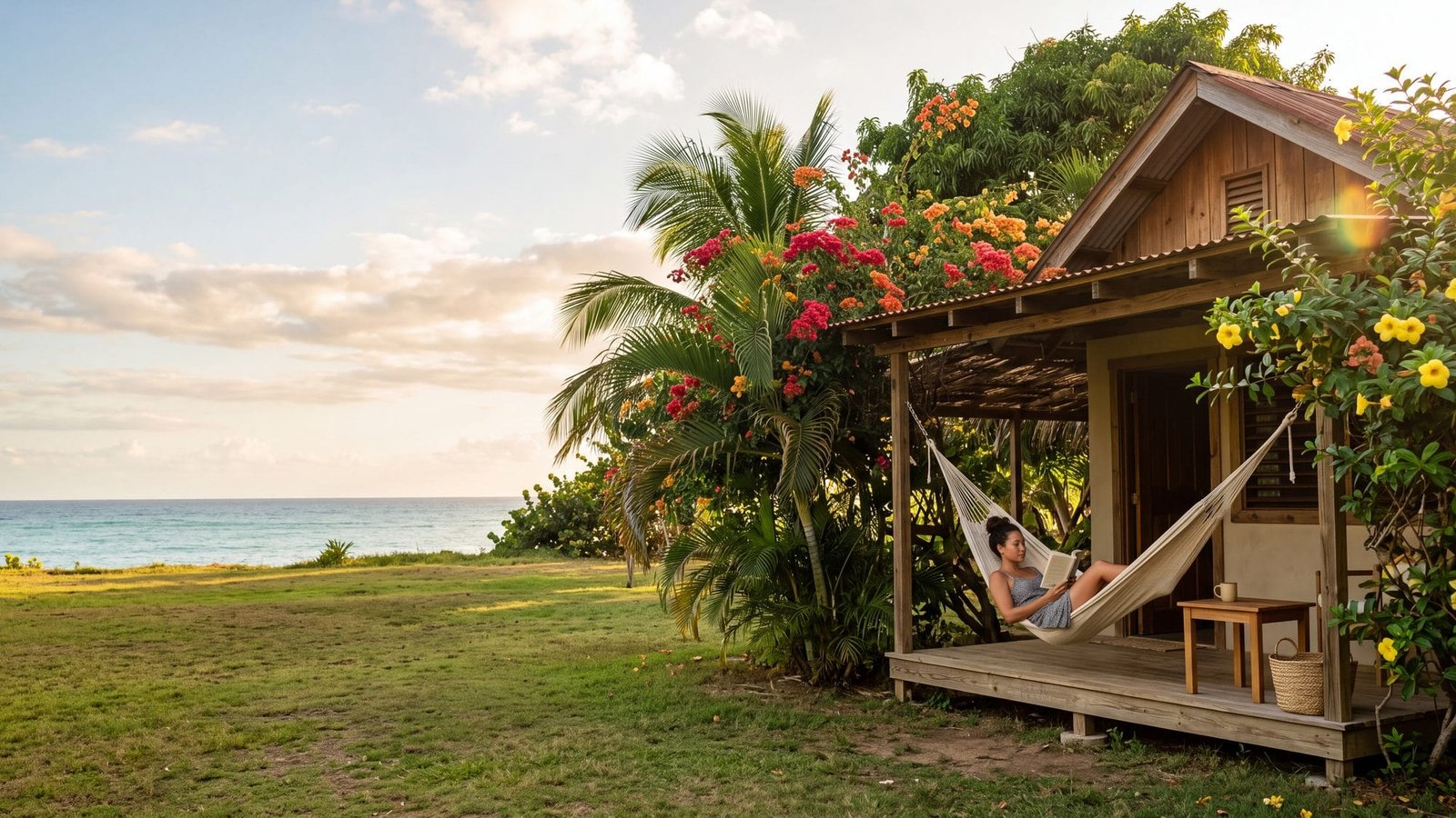 A small tropical guesthouse with a shaded veranda and hammock among palms and flowering trees — Puerto Rico