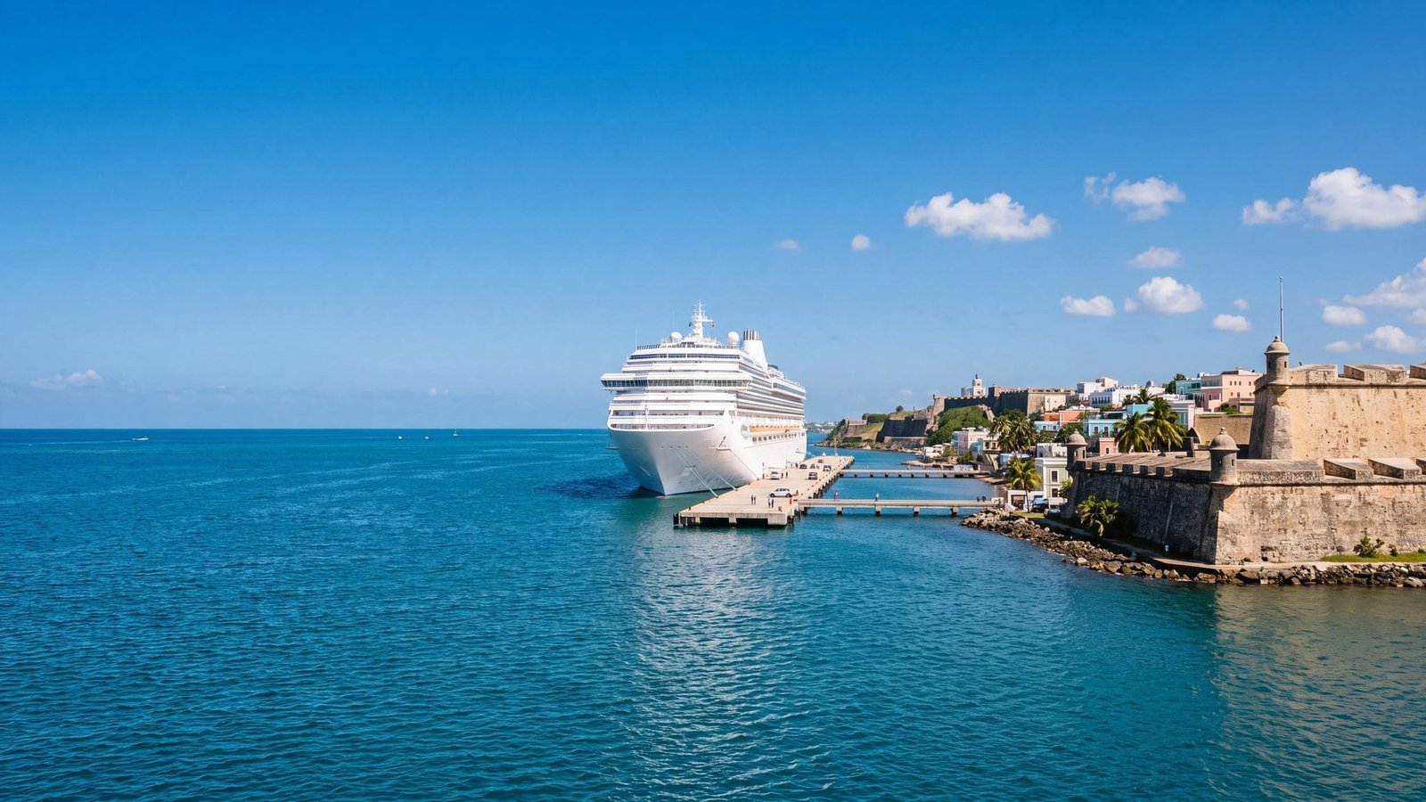 A very large white cruise ship docked at a long pier across the bay, the old walled city small behind — Puerto Rico